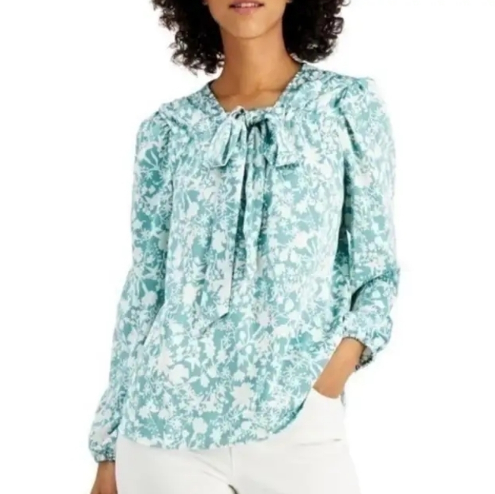 Charter Club Blouse Green and White Floral Print Tie at the Neck Size P Large